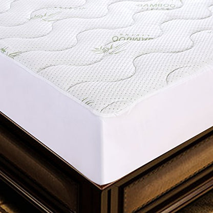  Premium Luxury Ultra Soft Quilted Waterproof All Season Rayon From Bamboo Fitted Mattress Pad, Deep Pocket Fits Up To 18 Inch Queen Size