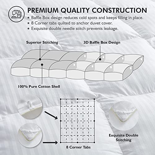  Luxurious Heavy King/California King Siberian Goose Down Comforter All-Season Duvet Insert, Premium Baffle Box, 1200 Thread Count 100% Egyptian Cotton, 75 Oz Fill Weight, White Damask Stripe