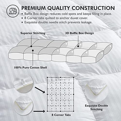  Luxurious Heavy King/California King Siberian Goose Down Comforter All-Season Duvet Insert, Premium Baffle Box, 1200 Thread Count 100% Egyptian Cotton, 75 Oz Fill Weight, White Damask Stripe