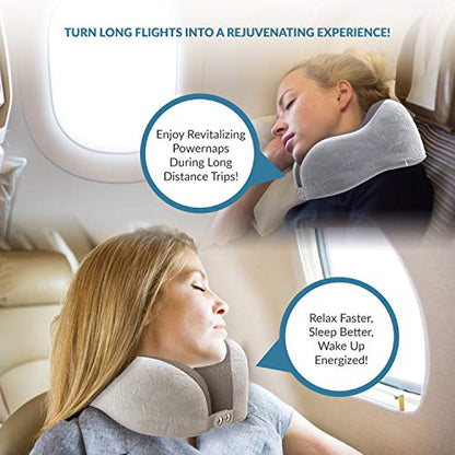  MODVEL Travel Pillow Pure Memory Foam | Neck Cushion For Airplane And Car Trips | Comfortable And Soft | Compact And Easy To Carry | With 3D Contoured Eye Masks, Earplugs, And Luxury Bag (MV-860)