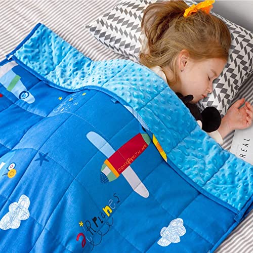  Sivio Weighted Blanket Kids, 5 Pounds, Minky Fleece And Cotton Throw Blanket With Beads, Reversible Heavy Blanket For Children 30-50 Lbs, 36x48 Inch, Blue Airplane