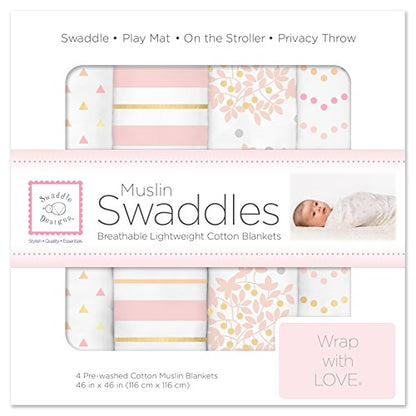  SwaddleDesigns Cotton Muslin Swaddle Blankets, Set Of 4, Pastel Pink Butterflies And Posies, 46x46 Inch (Pack Of 4)