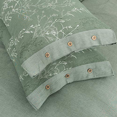  OREISE Duvet Cover Set Full/Queen Size Washed Cotton Yarn, Jacquard Green And White Thin Branch Pattern Floral Style 3Piece Bedding Set