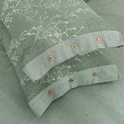  OREISE Duvet Cover Set Full/Queen Size Washed Cotton Yarn, Jacquard Green And White Thin Branch Pattern Floral Style 3Piece Bedding Set