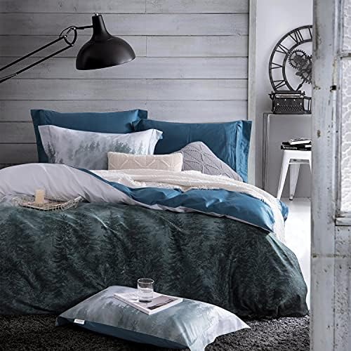  MILDLY 100% Egyptian Cotton Duvet Cover Set Gradient Blue Leaves Printed Comforter Cover Set Farmhouse Plant Reversible Baby Blue Bedding Set King Size With Zipper Closure & Corner Ties