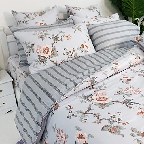  FADFAY Duvet Cover Set Twin Elegant Floral Bedding Shabby Grey Bird Print Flower Quilt Cover Set Vintage Farmhouse Bedding 100% Cotton Soft Comforter Cover Set With Zipper Closure 3Pcs, Twin Size