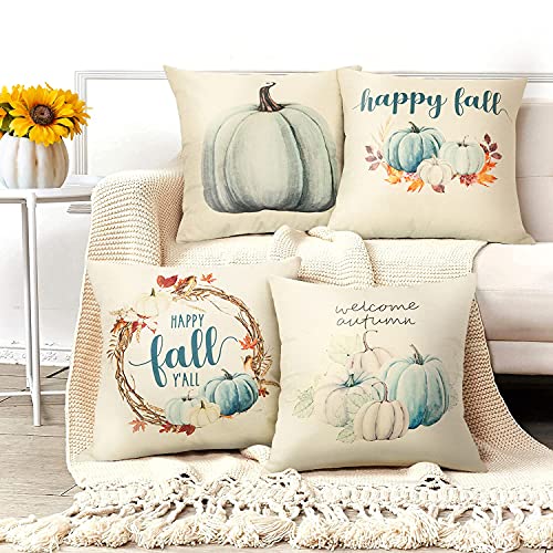  Farmhouse Fall Throw Pillow Covers 18x18 Set Of 4, Autumn Pumpkin Decorative Pillow Covers, Thanksgiving Pillows Cases Harvest Cushion Cases For Couch Sofa, Outdoor Home Decor