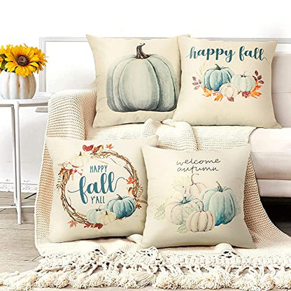  Farmhouse Fall Throw Pillow Covers 18x18 Set Of 4, Autumn Pumpkin Decorative Pillow Covers, Thanksgiving Pillows Cases Harvest Cushion Cases For Couch Sofa, Outdoor Home Decor