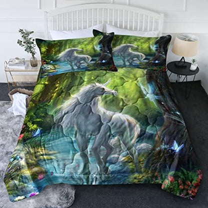  BlessLiving 3 Piece Unicorn Comforter Set With Pillow Shams Cartoon Unicorn Bedding Set With 3D Printed Designs Reversible Comforter Full/Queen Size Bedding Sets, Rainbow