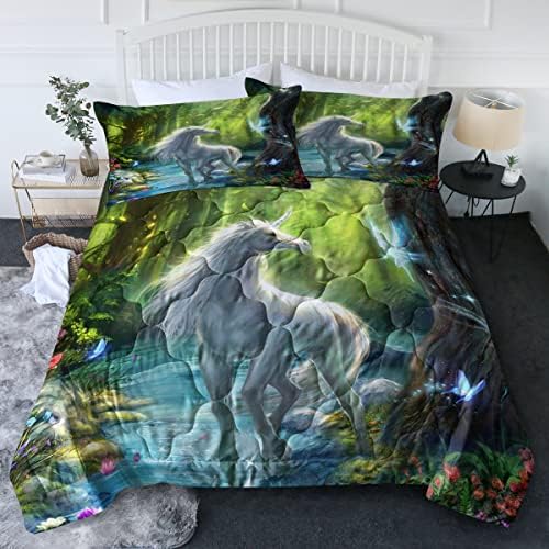  BlessLiving 3 Piece Unicorn Comforter Set With Pillow Shams Cartoon Unicorn Bedding Set With 3D Printed Designs Reversible Comforter Twin/Twin XL Size Bedding Sets, Rainbow