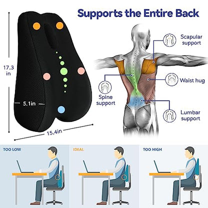  Lumbar Support Pillow For Office Chair, Cooling Memory Foam Lumbar Pillow For Back Pain Relief, Ergonomic Back Support Pillow With Dual Extension Straps For Car, Couch, Recliner, Gaming Chair, Black