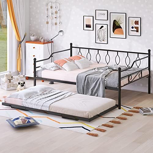  Twin Size Metal Daybed With Trundle, Daybed With Slat No Box Required, Noise Free, For Bedroom Living Room - Pink