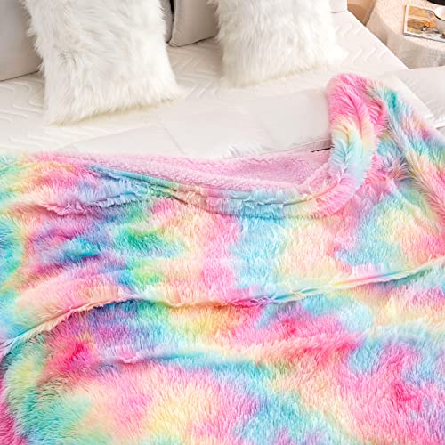  DANGTOP Faux Fur Throw Blanket, Tie Dye Fluffy Blanket, Super Soft Rainbow Blanket For Girls, Luxury Cozy Warm Plush Thick Sherpa Throws For Bed Couch Living Room (Rainbow, 59x79 Inches)