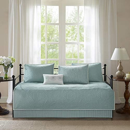  Madison Park Daybed Cover Set - Trendy Design, All Season Luxury Bedding With Bedskirt, Matching Shams, Decorative Pillow, Floral Medallion Quilted Blue 75"x39" 6 Piece