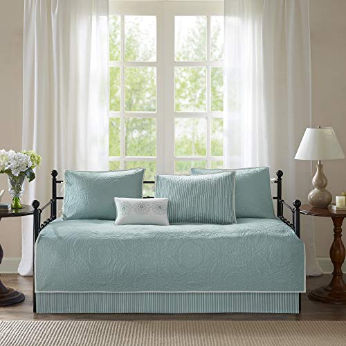  Madison Park Daybed Cover Set - Trendy Design, All Season Luxury Bedding With Bedskirt, Matching Shams, Decorative Pillow, Floral Medallion Quilted Blue 75"x39" 6 Piece