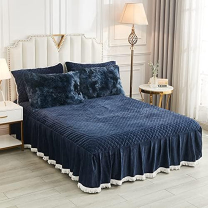  Diamond Quilted Velvet Bedspread Three Sides 18 Inches Deep Ruffles Drop Fitted Sheet Bed Skirt With Tassels Decorative Fringe (White, King)