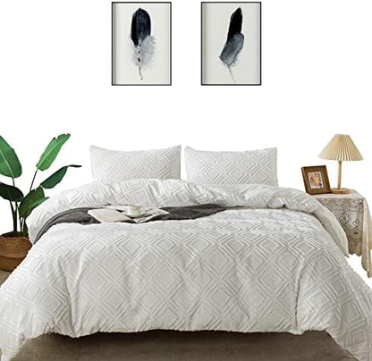  Lamourbear Jacquard & Tufted Duvet Cover Full Size White Bedding Set, All Seasons Comforter Cover, With Double-end Sliders Zipper Closure, 8 Ties, 3 Piece (2 Pillowcase, 1 Duvet Cover), Full