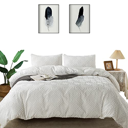  Lamourbear Jacquard & Tufted Duvet Cover Full Size White Bedding Set, All Seasons Comforter Cover, With Double-end Sliders Zipper Closure, 8 Ties, 3 Piece (2 Pillowcase, 1 Duvet Cover), Full