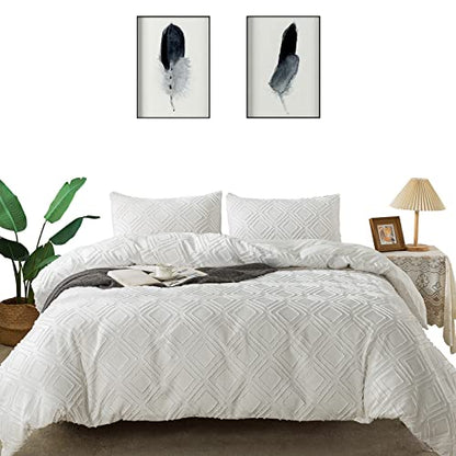 Lamourbear Jacquard & Tufted Duvet Cover Full Size White Bedding Set, All Seasons Comforter Cover, With Double-end Sliders Zipper Closure, 8 Ties, 3 Piece (2 Pillowcase, 1 Duvet Cover), Full