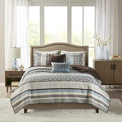  Quilt Set Luxurious Jacquard Stripes Design - All Season, Coverlet Bedspread Lightweight Bedding Layer, Shams, Decorative Pillow, Full/Queen(90"x90"), Floral Blue 5 Piece