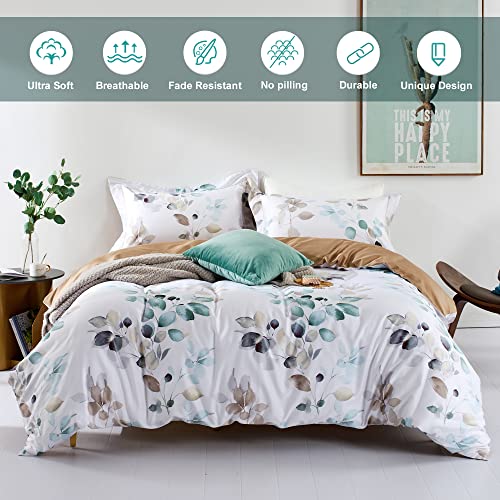  Duvet Cover King Size 100% Egyptian Cotton Gradient Teal Blue Leaves Plant Pattern Printed Comforter Cover Set Ultra Soft & Breathable Unique Design Farmhouse Bedding Set 3pcs (No Comforter)