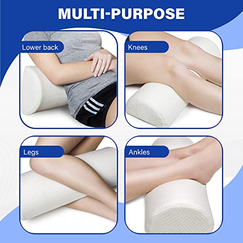 Back Pain Relief Memory Foam Pillow - Half Moon Bolster Knee Pillow For Side, Back, Stomach Sleepers - Semi Roll Round Lumbar Leg Wedge - Reduce Neck Spine Back Hip Ankle Stress - Organic Cotton Cover