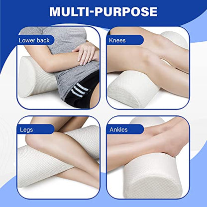  Back Pain Relief Memory Foam Pillow - Half Moon Bolster Knee Pillow For Side, Back, Stomach Sleepers - Semi Roll Round Lumbar Leg Wedge - Reduce Neck Spine Back Hip Ankle Stress - Organic Cotton Cover
