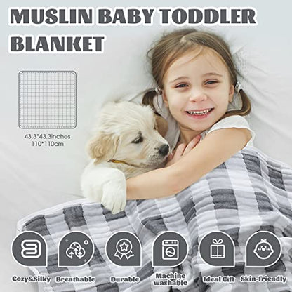  Baby Muslin Blankets Neutral Cotton Receiving Swaddle Blanket, Large Baby Quilts For Girls Boys. Also For Newborn Nursing Cover, Baby Bath Towels, Toddler Blanket For Crib (Grey,White)