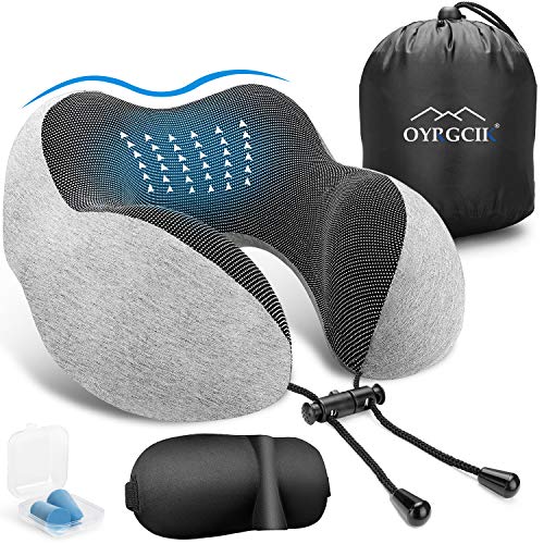 OYRGCIK Travel Pillow, 100% Pure Memory Foam Neck Pillow, Soft & Breathable Cotton Cover, Machine Washable Airplane Travel Kit U Shaped Pillow With 3D Contoured Eye Mask, Earplugs, & Travel Bag, Gray