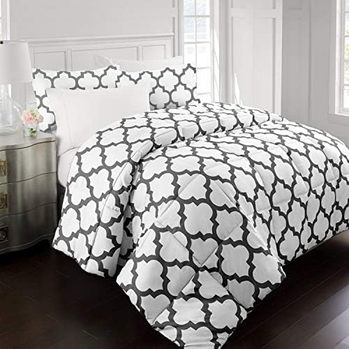  Sleep Restoration Luxury Goose Down Alternative Reversible Quatrefoil Comforter - Premium All Season Duvet - King/Cal King - Gray