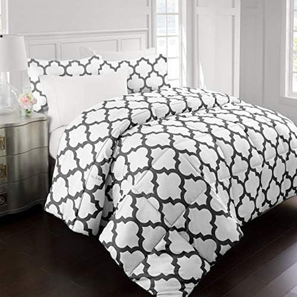  Sleep Restoration Luxury Goose Down Alternative Reversible Quatrefoil Comforter - Premium All Season Duvet - King/Cal King - Gray