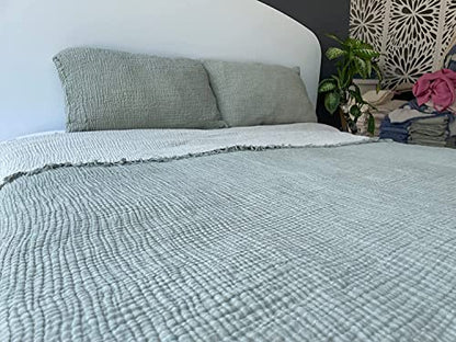  100% Cotton Muslin Throw Blanket, 4 Layers Bedspread, Soft Turkish Cotton Muslin Bed Cover, Reversible Coverlet, Green (Two Pillowcase 20x30)