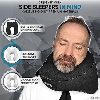  SNUGL Travel Pillow - Memory Foam Neck Cushion - Flight Pillow | Support Neck Pillow For Travel | Travel Neck Pillow For Airplane With Carry Bag & Clip | Flying Travel Essentials (Jet Black - Regular)