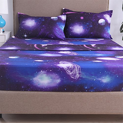  A Nice Night Galaxy 3D Printing Bed Sheet Bedding Set,Soft Microfiber Fitted Sheet Set,Galaxy Themed Sheets 4 Pcs Flat Sheet& Fitted Sheets With 2 Pillowcases (Full, 07)