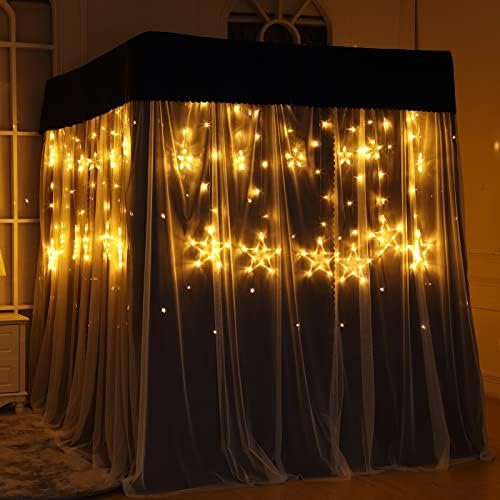  Tingxiu Romantic 4 Corner Post Blackout Bed Curtains With Sheer, Hollow-Out Stars Bed Canopy For Girls Boys Bedroom Decoration (Queen, Black-Hollow-Out Stars)