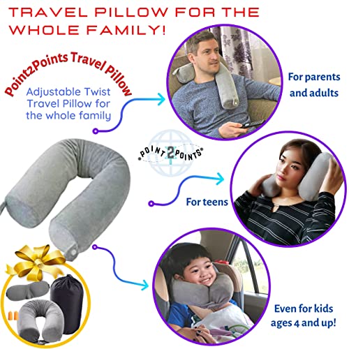  Point2Points Twist Memory Foam Travel Pillow - 100% Pure Memory Foam Neck Pillow With Comfortable & Machine Washable Cover, Neck Pillow For Travel Kit With Sleep Mask, Earplugs & Travel Bag
