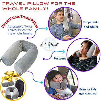  Point2Points Twist Memory Foam Travel Pillow - 100% Pure Memory Foam Neck Pillow With Comfortable & Machine Washable Cover, Neck Pillow For Travel Kit With Sleep Mask, Earplugs & Travel Bag