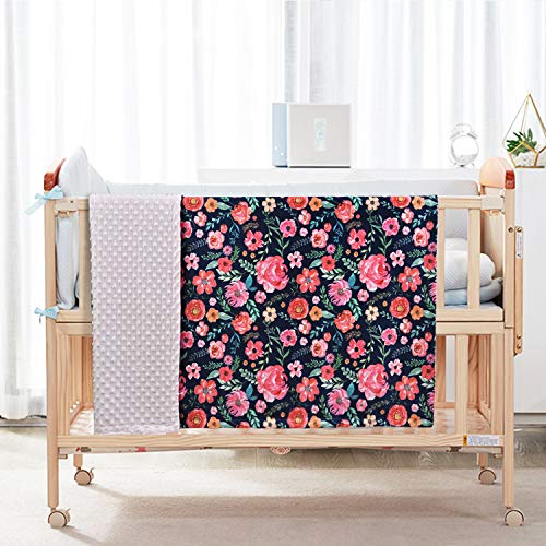  Baby Blanket For Girls Super Soft Double Layer Minky With Dotted Backing, Elegant Receiving Blanket With Pink Floral Multicolor Printed Blanket 30 X 40 Inch(75x100cm), Navy Blue