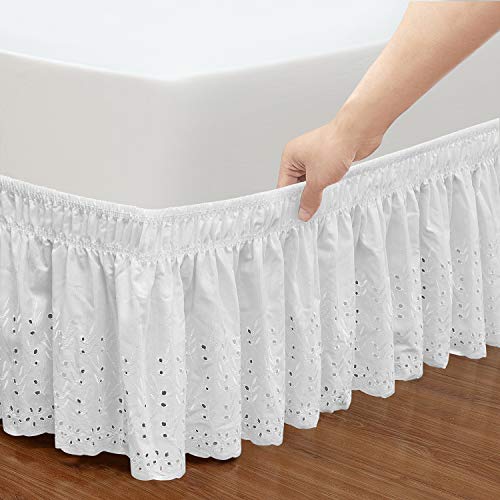  Wrap Around Elastic Eyelet Bed Skirts 14 1/2 Inches Drop Dust Ruffle Three Fabric Sides Easy On/Easy Off Adjustable Polyester Cotton(White Queen/King)