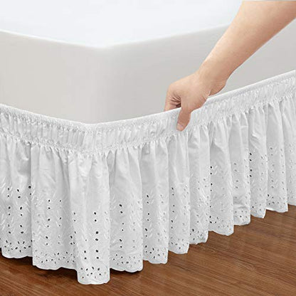  Wrap Around Elastic Eyelet Bed Skirts 14 1/2 Inches Drop Dust Ruffle Three Fabric Sides Easy On/Easy Off Adjustable Polyester Cotton(White Queen/King)