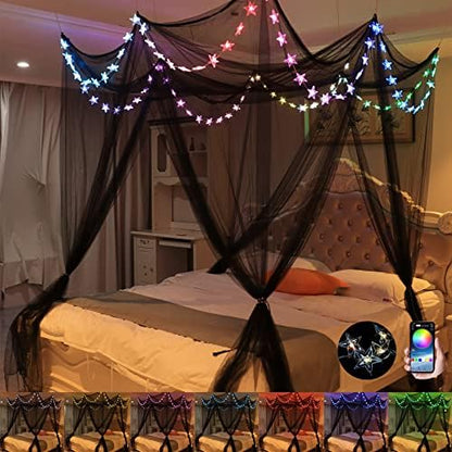  Mosquito NET For Bed Canopy, Four Corner Post Curtains Bed Canopy Elegant Mosquito Net Set, Stick Hook &Profession Rope For Net, Screen Netting Canopy Curtains, Full/Queen/King/Black