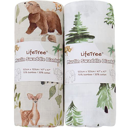  LifeTree Muslin Swaddle Blankets Neutral, Baby Swaddling Wrap Nursery Receiving Blanket For Boys & Girls Unisex, Soft Bamboo Cotton, Large 47 X 47 Inches, Bear & Checkered Coffee