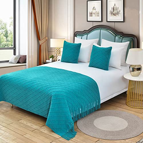  Zhiyuan Tassel Solid Knitted Bed Runner Decorative Bed End Scarf Woven Sofa Throw Blanket 50" X 102", Dark Cyan