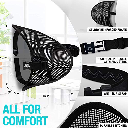  Lumbar Support - Breathable Mesh Office & Car Chair Back Support With Double Adjustable Straps For All-Day Comfort