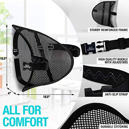 Lumbar Support - Breathable Mesh Office & Car Chair Back Support With Double Adjustable Straps For All-Day Comfort
