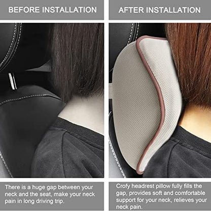  Crofy 2 Pack Car Neck Pillow, Softness Car Headrest Pillow For Driving With Adjustable Strap, 100% Memory Foam And Breathable Removable Cover, Comfortable Ergonomic Design (Beige)