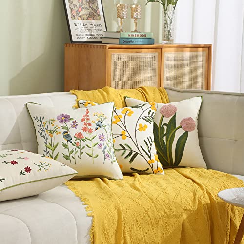  Tosleo Farmhouse Pink Tulip Embroidered Decorative Throw Pillow Covers 18x18 Set Of 2 Flowers Tufted Pillow Cushion Cases Square Floral Cotton Pillowcases For Wedding Sofa Couch Bedroom Living Room