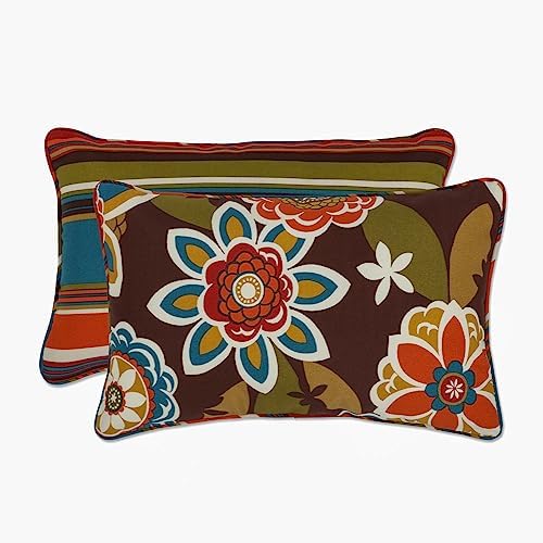  Pillow Perfect Reversible Floral Stripe Outdoor Throw Accent Pillow, Plush Fill, Weather, And Fade Resistant, Large Square - 18.5" X 18.5", Brown/Orange Annie, 2 Count