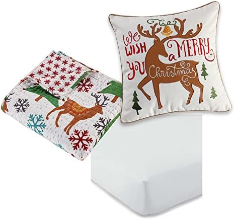  Levtex Home Merry & Bright Collection - Tinsel Toddler Set - Reindeer - Brown, Green, Red,Teal - Holiday - 3 Piece Set Includes Reversible Quilt, Fitted Sheet, Decorative Pilow