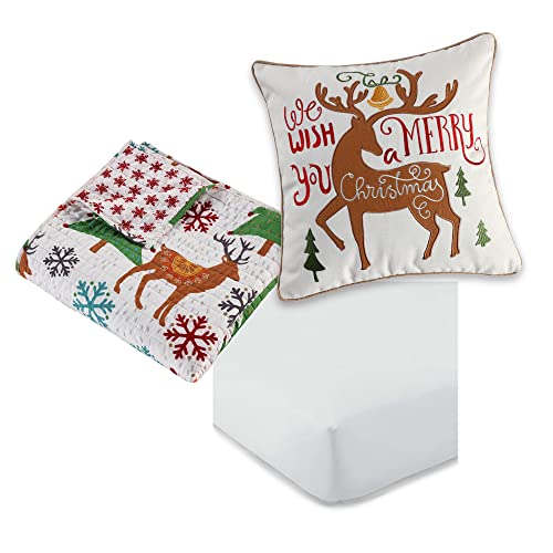  Levtex Home Merry & Bright Collection - Tinsel Toddler Set - Reindeer - Brown, Green, Red,Teal - Holiday - 3 Piece Set Includes Reversible Quilt, Fitted Sheet, Decorative Pilow